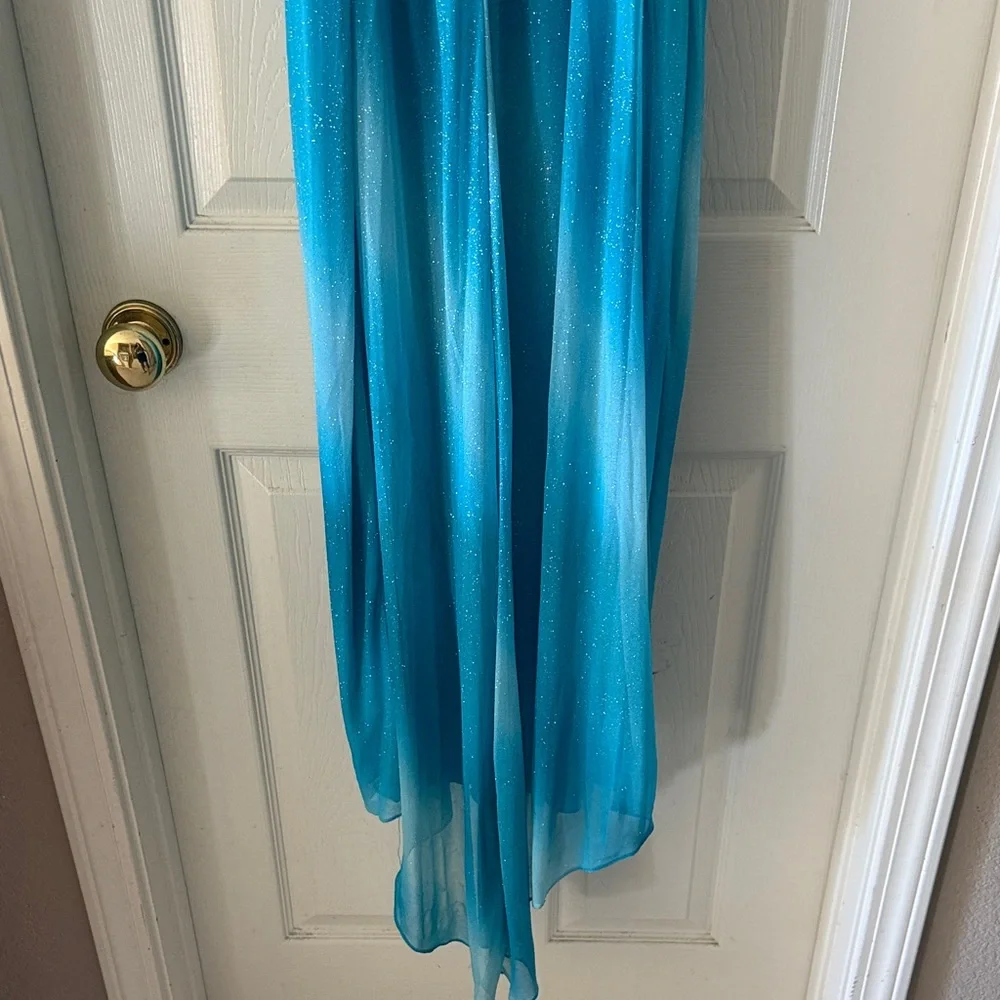 Jodi Kristopher Turquoise Beaded Halter Prom Gown - Picture 6 of 7